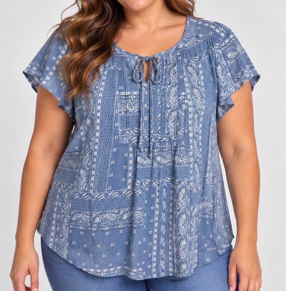 Blue Bandana Paisley Blouse Women L Rayon Blend Peasant Tie Neck Boho Western